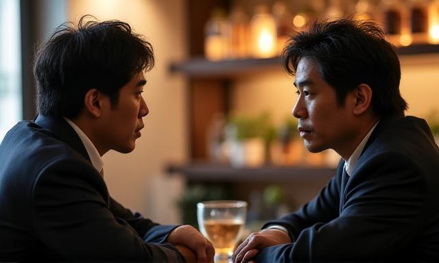 静かなカフェで熱心に会話する二人